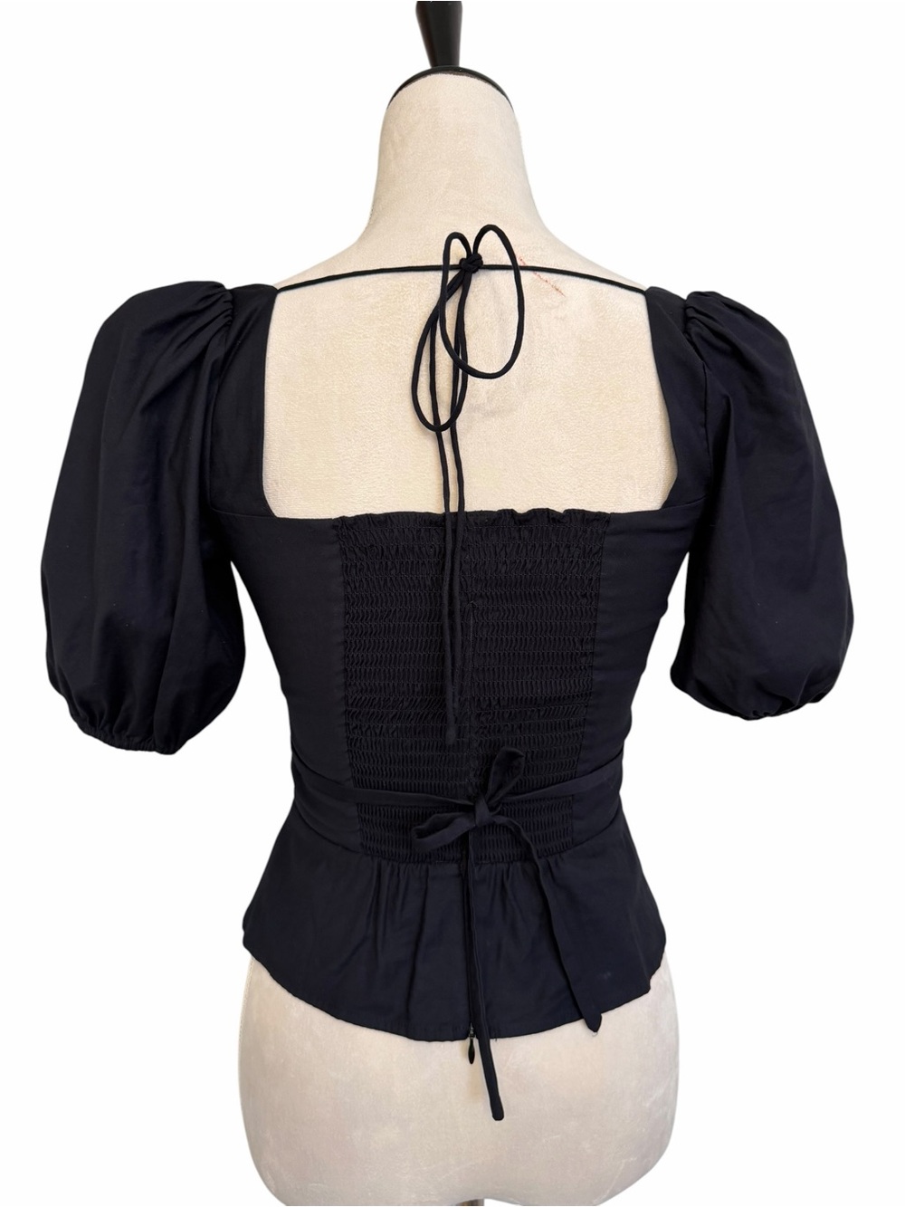Reformation Fiske Black Square-Neck Puff Sleeve Tie-Waist Top - Picture 6 of 8